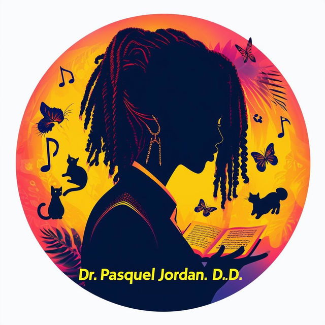 Create a vibrant and engaging logo for a book featuring a side silhouette of a lady with short dreadlocks in a suit, music notes, butterflies, two cats, and a book