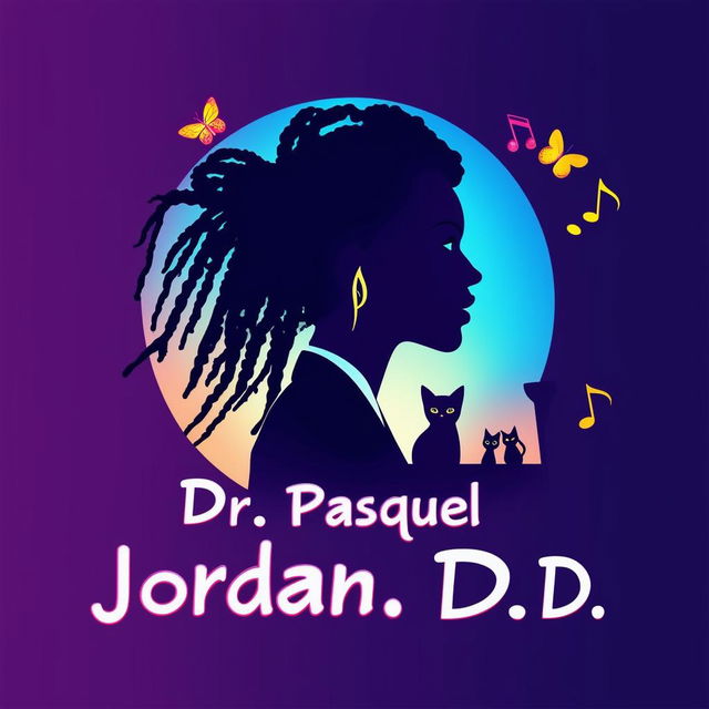 Create a vibrant and engaging logo for a book featuring a side silhouette of a lady with short dreadlocks in a suit, music notes, butterflies, two cats, and a book