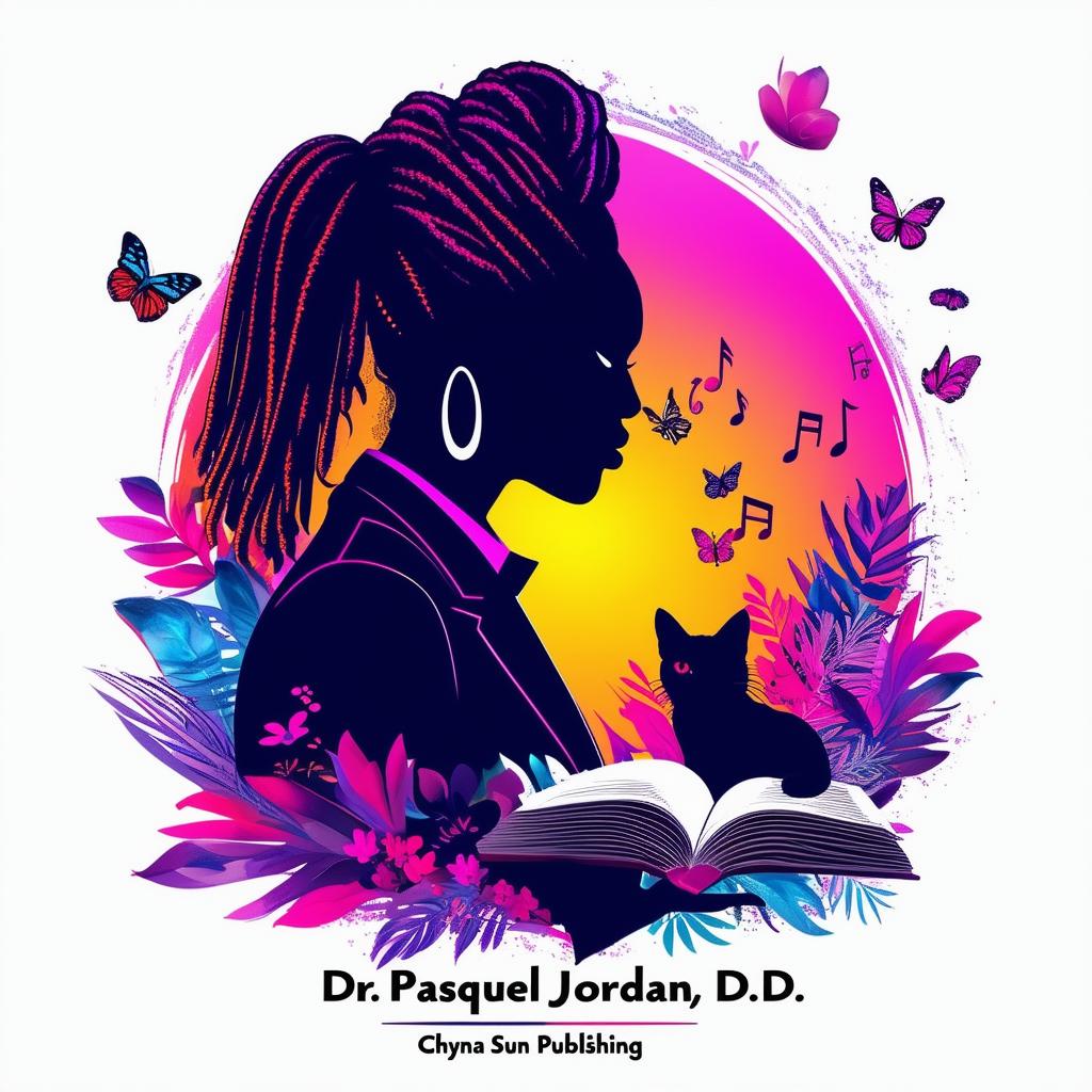 Create a vibrant and engaging logo for a book featuring a side silhouette of a lady with short dreadlocks in a suit, music notes, butterflies, two cats, and a book