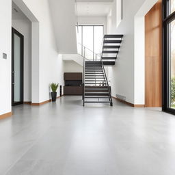 A staircase inside a house with grey flooring