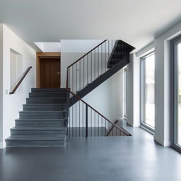 A staircase inside a house with grey flooring