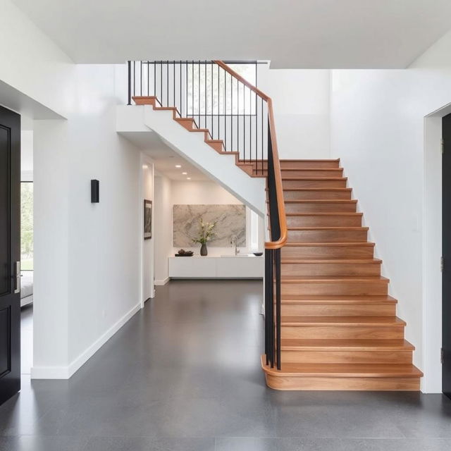 A staircase inside a house with grey flooring