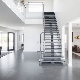 A staircase inside a house with grey flooring