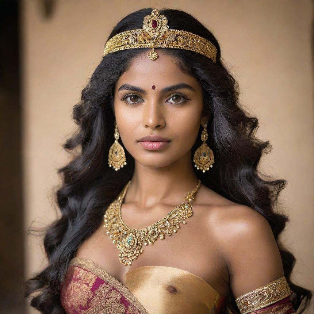 A captivating Sri Lankan queen radiating warrior vibes and gentle femininity. She has olive skin, long wavy hair, extended arched brows, and apple cheeks above a short neck. Unique small almond eyes reveal a hint of Malaysian lineage.