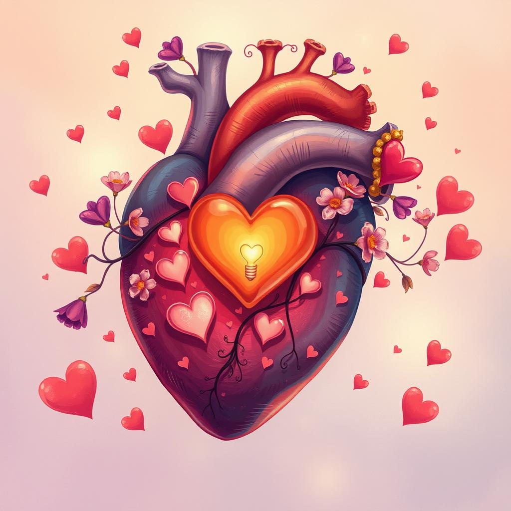 A detailed illustration of a human heart filled with symbols of love such as hearts, flowers, and light