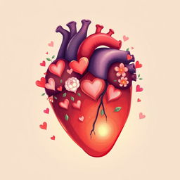 A detailed illustration of a human heart filled with symbols of love such as hearts, flowers, and light