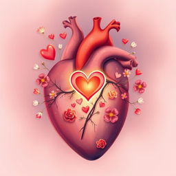 A detailed illustration of a human heart filled with symbols of love such as hearts, flowers, and light