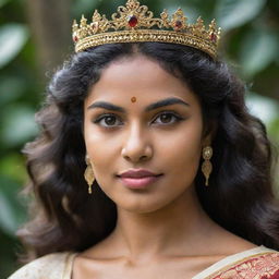 A captivating Sri Lankan queen radiating warrior vibes and gentle femininity. She has olive skin, long wavy hair, extended arched brows, and apple cheeks above a short neck. Unique small almond eyes reveal a hint of Malaysian lineage.