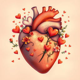 A detailed illustration of a human heart filled with symbols of love such as hearts, flowers, and light