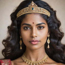 A captivating Sri Lankan queen radiating warrior vibes and gentle femininity. She has olive skin, long wavy hair, extended arched brows, and apple cheeks above a short neck. Unique small almond eyes reveal a hint of Malaysian lineage.