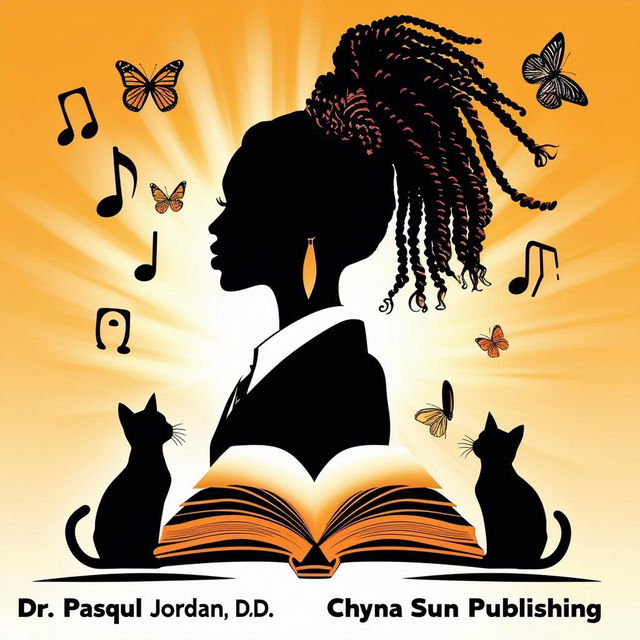 Design a vibrant and engaging book logo featuring a side silhouette of a lady with short dreadlocks in a suit, with music notes, butterflies, two cats, and an open book