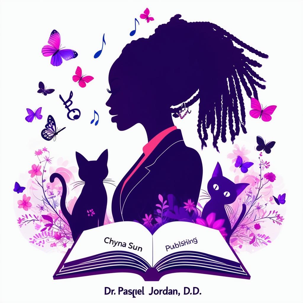 Design a vibrant and engaging book logo featuring a side silhouette of a lady with short dreadlocks in a suit, with music notes, butterflies, two cats, and an open book