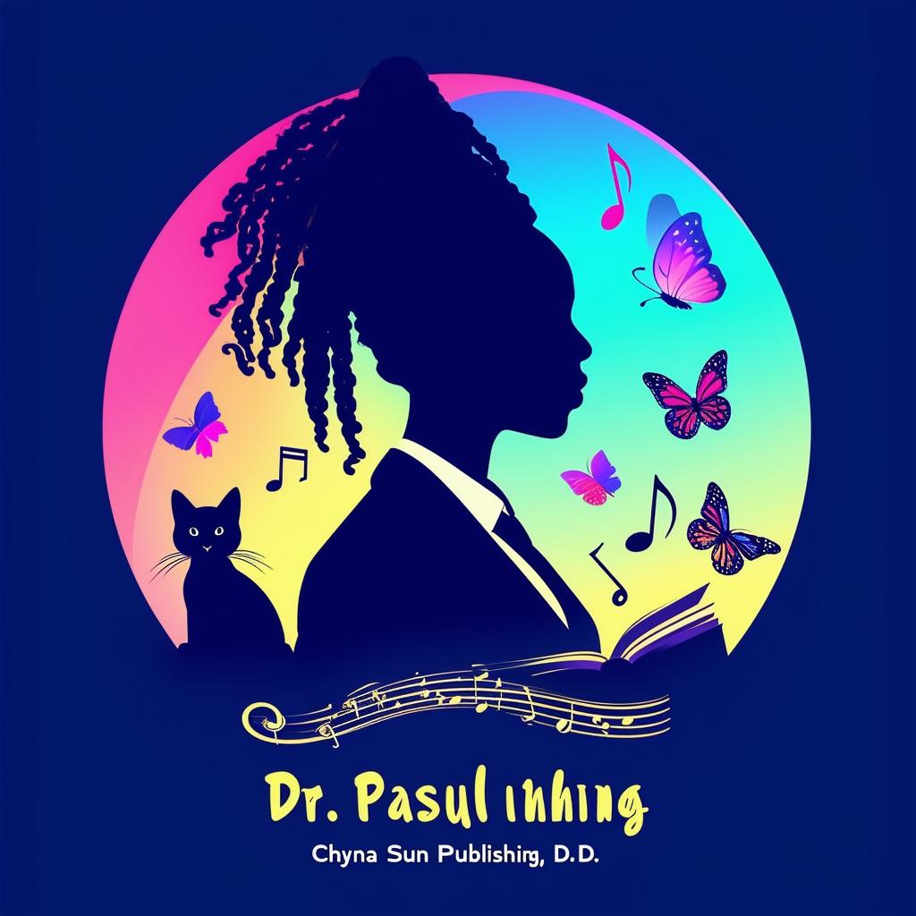 Create a vibrant and engaging logo for a book featuring a side silhouette of a lady with short dreadlocks in a suit, music notes, butterflies, two cats, and a book