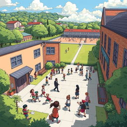 A detailed illustration of a school building with students playing in the courtyard, teachers interacting with students, and a large playground in the background