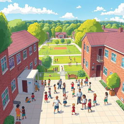 A detailed illustration of a school building with students playing in the courtyard, teachers interacting with students, and a large playground in the background