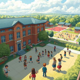 A detailed illustration of a school building with students playing in the courtyard, teachers interacting with students, and a large playground in the background