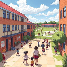 A detailed illustration of a school building with students playing in the courtyard, teachers interacting with students, and a large playground in the background