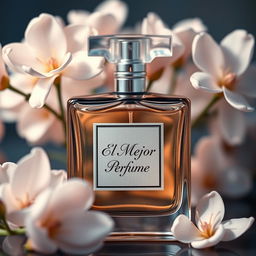 A luxurious and elegant perfume bottle with a sleek design, surrounded by delicate flowers and soft lighting