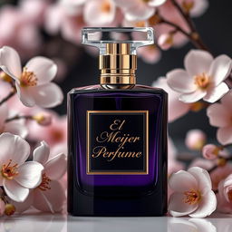 A luxurious and elegant perfume bottle with a sleek design, surrounded by delicate flowers and soft lighting