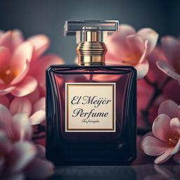 A luxurious and elegant perfume bottle with a sleek design, surrounded by delicate flowers and soft lighting