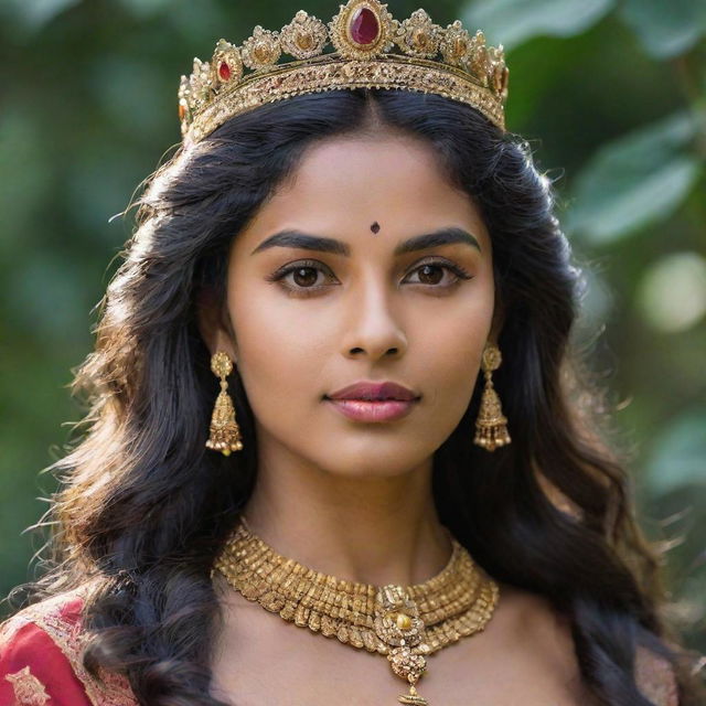 A captivating Sri Lankan queen radiating warrior vibes and gentle femininity. She has olive skin, long wavy hair, extended arched brows, and apple cheeks above a short neck. Unique small almond eyes reveal a hint of Malaysian lineage.