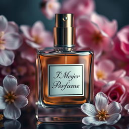 A luxurious and elegant perfume bottle with a sleek design, surrounded by delicate flowers and soft lighting