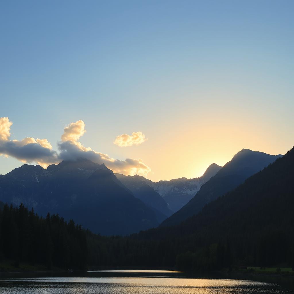 A beautiful landscape featuring a serene lake surrounded by lush green forests and majestic mountains in the background