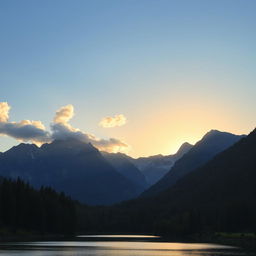 A beautiful landscape featuring a serene lake surrounded by lush green forests and majestic mountains in the background