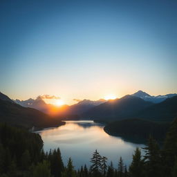 A beautiful landscape featuring a serene lake surrounded by lush green forests and majestic mountains in the background