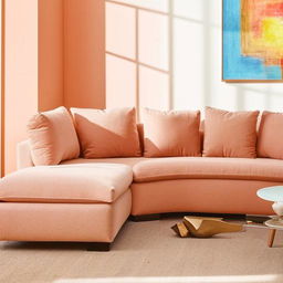 An L-shaped sofa in a light peach color, adorned with dull pink cushions, displayed in a naturally lit contemporary living room