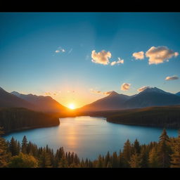 A beautiful landscape featuring a serene lake surrounded by lush green forests and majestic mountains in the background