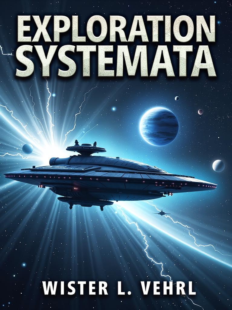 A sci-fi book cover for "Exploration Systemata", featuring a futuristic spaceship in a vast space scene with stars, nebulae, and planets