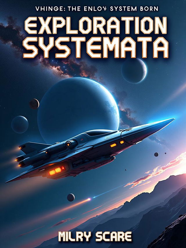 Create a sci-fi book cover for 'Exploration Systemata' featuring a futuristic spaceship, distant galaxies, and celestial bodies