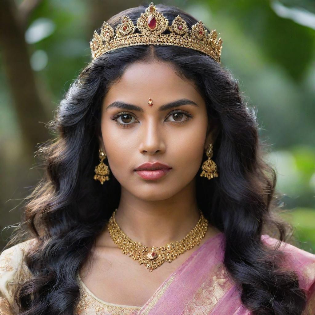 A mesmerizing Sri Lankan queen embodying warrior strength and soft femininity. She boasts fair skin, long wavy hair, wide arched brows, and apple cheeks over her short neck. Her delicate small almond eyes reflect her partial Malaysian ancestry.