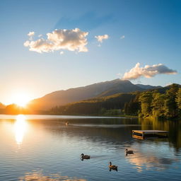 A serene landscape featuring a calm lake surrounded by lush green trees and mountains in the background