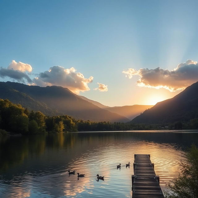 A serene landscape featuring a calm lake surrounded by lush green trees and mountains in the background