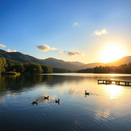 A serene landscape featuring a calm lake surrounded by lush green trees and mountains in the background