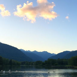 A serene landscape featuring a calm lake surrounded by lush green trees and mountains in the background