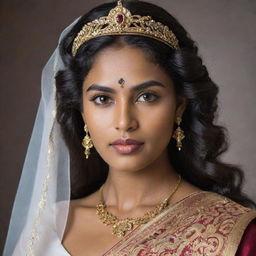 A mesmerizing Sri Lankan queen embodying warrior strength and soft femininity. She boasts fair skin, long wavy hair, wide arched brows, and apple cheeks over her short neck. Her delicate small almond eyes reflect her partial Malaysian ancestry.