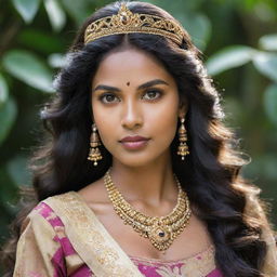 A mesmerizing Sri Lankan queen embodying warrior strength and soft femininity. She boasts fair skin, long wavy hair, wide arched brows, and apple cheeks over her short neck. Her delicate small almond eyes reflect her partial Malaysian ancestry.