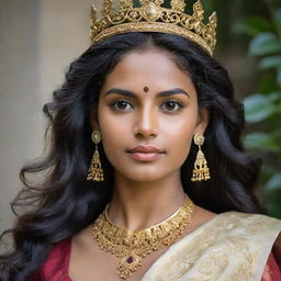 A mesmerizing Sri Lankan queen embodying warrior strength and soft femininity. She boasts fair skin, long wavy hair, wide arched brows, and apple cheeks over her short neck. Her delicate small almond eyes reflect her partial Malaysian ancestry.