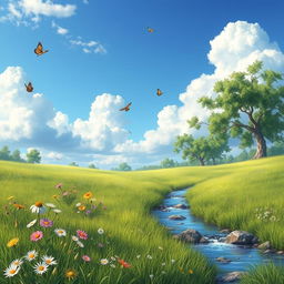 A serene landscape featuring a lush green meadow with wildflowers, a clear blue sky with fluffy white clouds, and a gentle stream flowing through