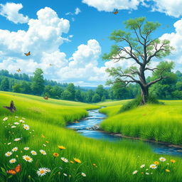 A serene landscape featuring a lush green meadow with wildflowers, a clear blue sky with fluffy white clouds, and a gentle stream flowing through