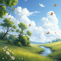 A serene landscape featuring a lush green meadow with wildflowers, a clear blue sky with fluffy white clouds, and a gentle stream flowing through