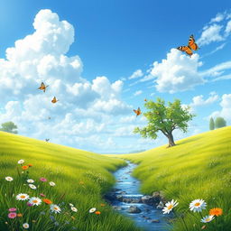 A serene landscape featuring a lush green meadow with wildflowers, a clear blue sky with fluffy white clouds, and a gentle stream flowing through