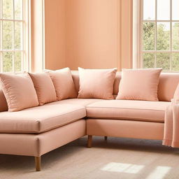 An L-shaped sofa in a light peach color, adorned with dull pink cushions, displayed in a naturally lit contemporary living room