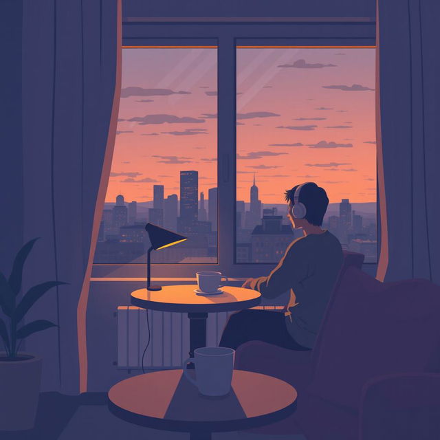 A simple lofi cover art featuring a cozy room with a person sitting by the window, headphones on, and a cup of coffee on the table