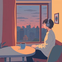 A simple lofi cover art featuring a cozy room with a person sitting by the window, headphones on, and a cup of coffee on the table