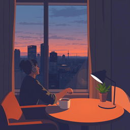 A simple lofi cover art featuring a cozy room with a person sitting by the window, headphones on, and a cup of coffee on the table