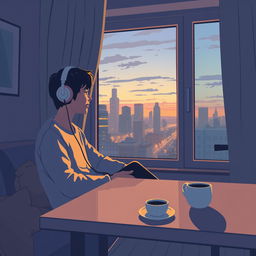 A simple lofi cover art featuring a cozy room with a person sitting by the window, headphones on, and a cup of coffee on the table